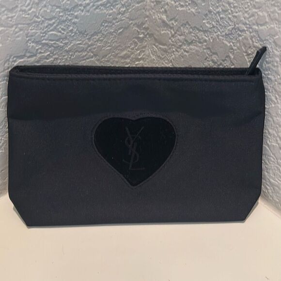 YSL Beauty Zip Top Canvas Pouch Black Heart Logo Makeup Cosmetic Travel Bag - Picture 1 of 9